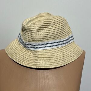Caribbean Joe Kids Beige Woven Straw Stripe Band Bucket Sun Hat One Size NWT